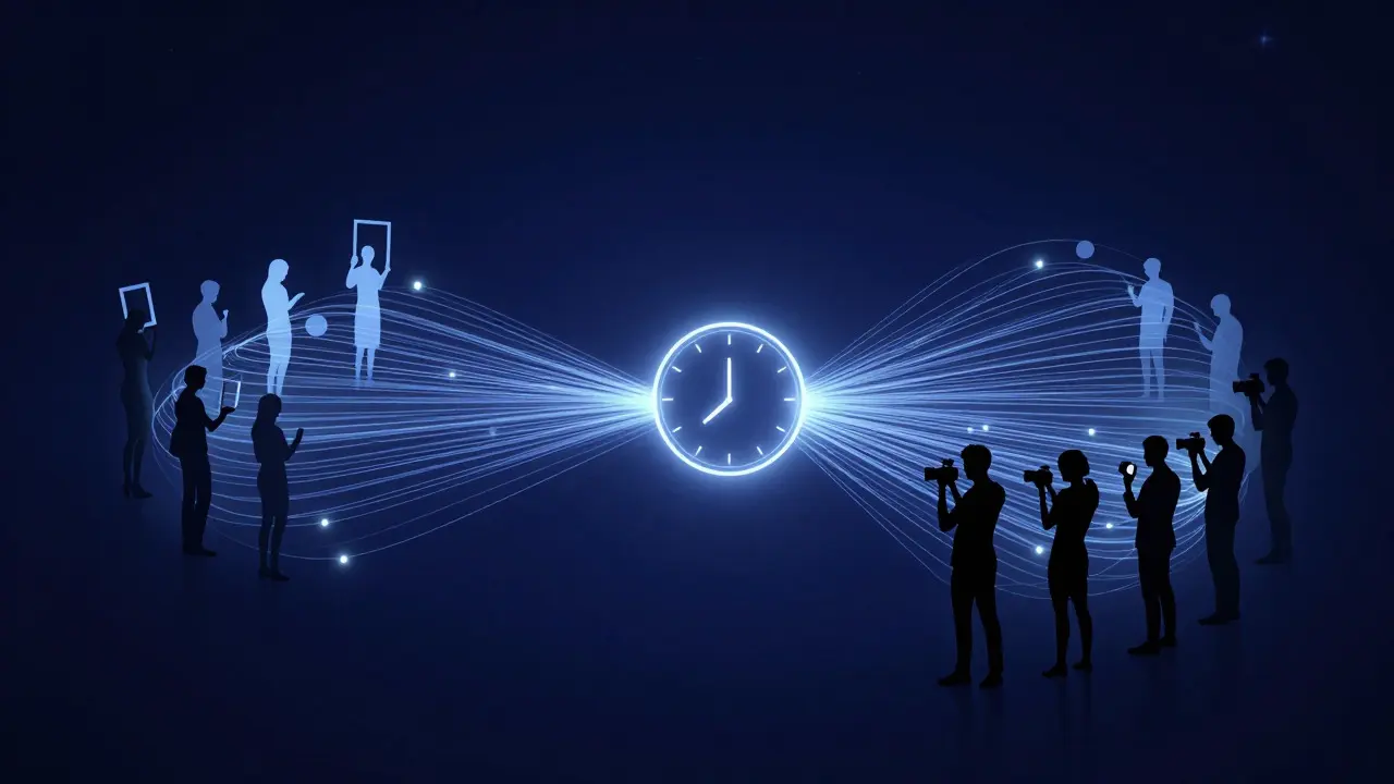 Abstract illustration of glowing threads connecting collectors and press to a central clock