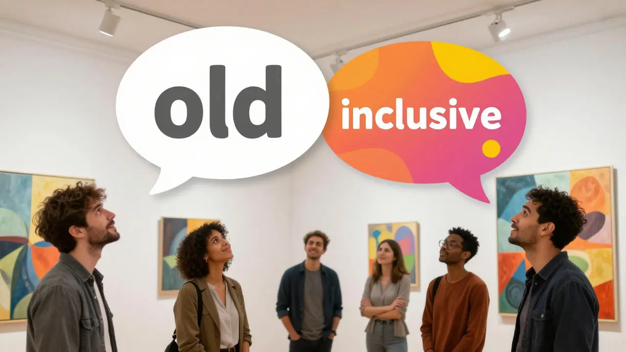 Abstract illustration of speech bubbles over a diverse group in a gallery