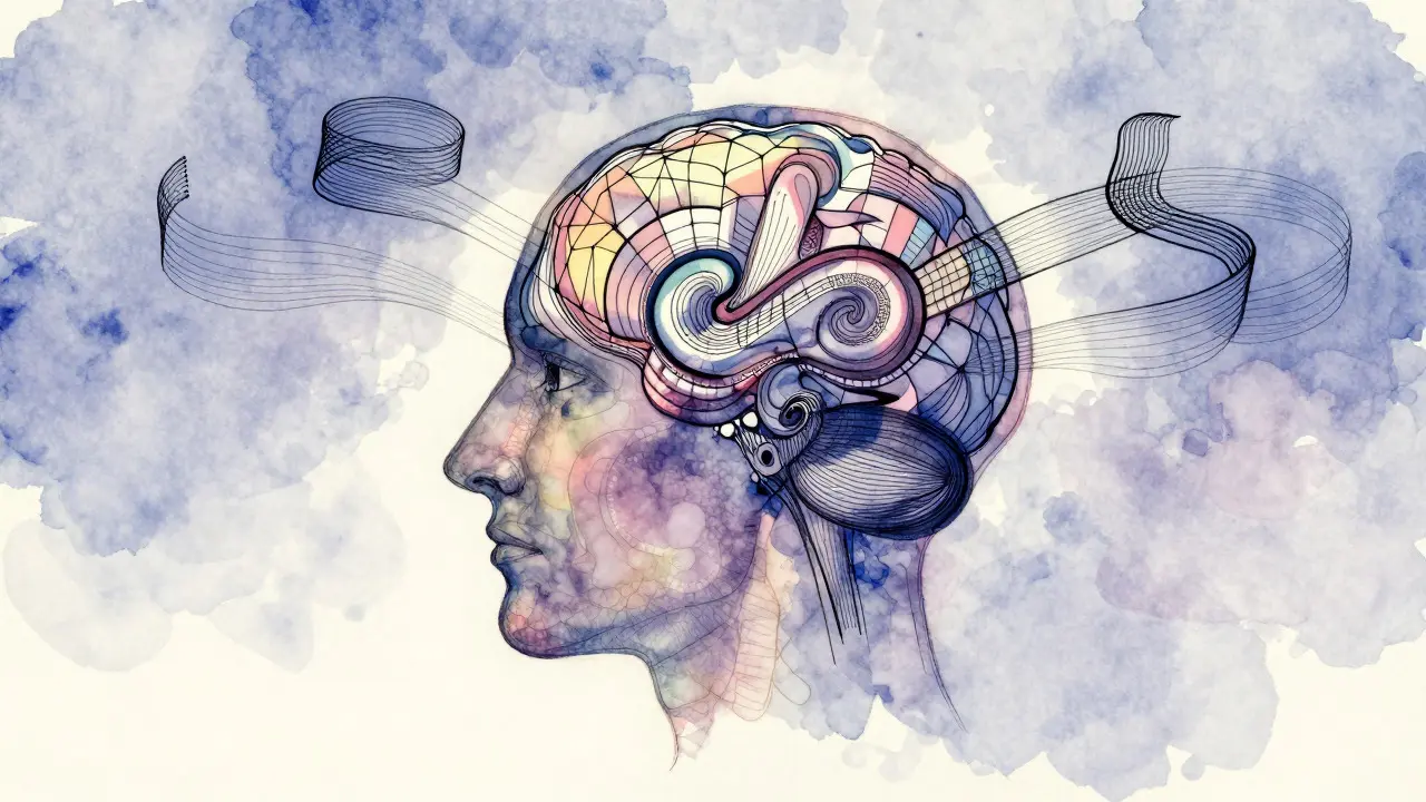Abstract illustration of thoughts organizing into structured memories inside a head