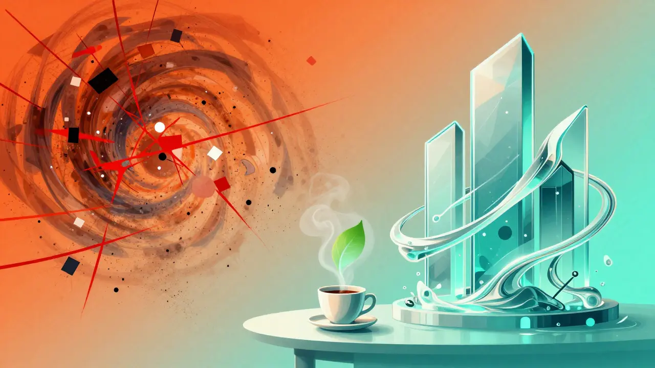 Abstract illustration showing chaotic pixels transforming into a stable, eco-friendly structure