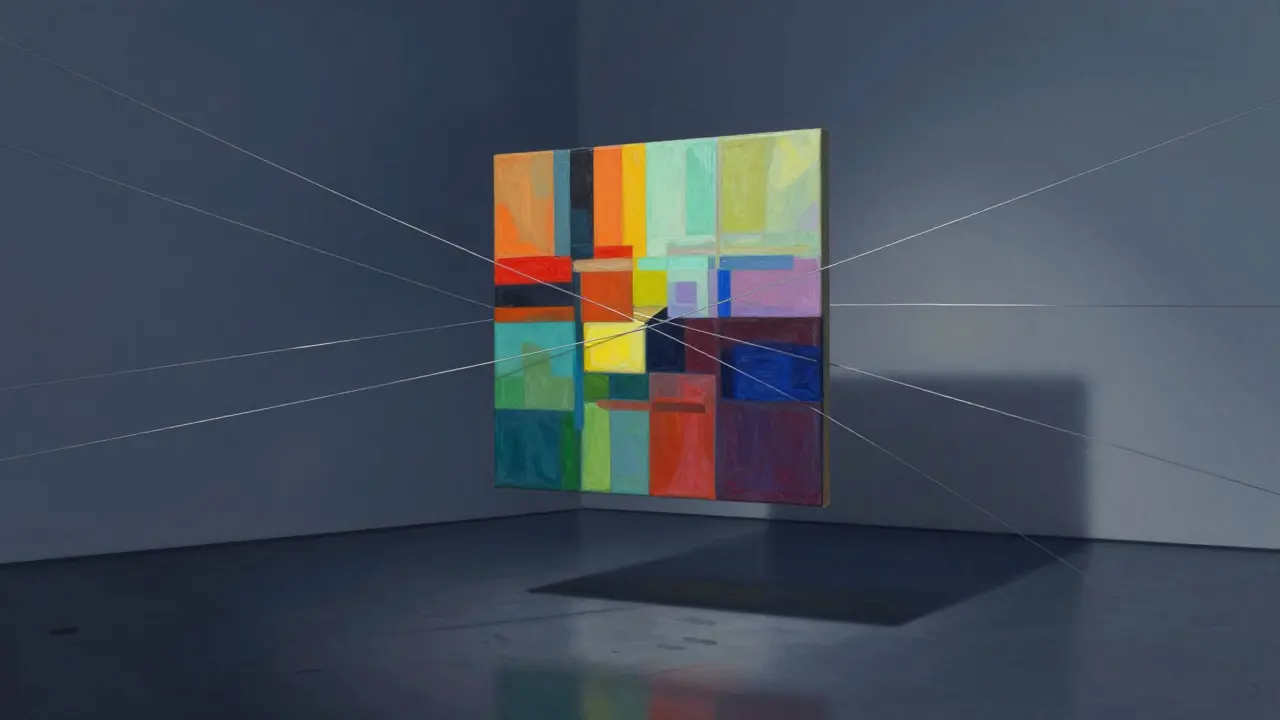 Abstract painting suspended by wires representing contractual restrictions