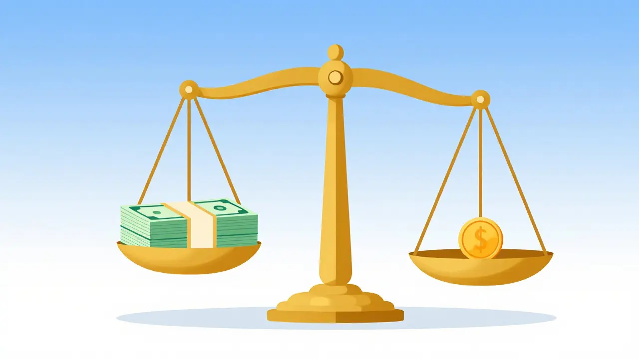 Abstract vector illustration of a scale balancing currency and coins, symbolizing the trade-off between premiums and deductibles.