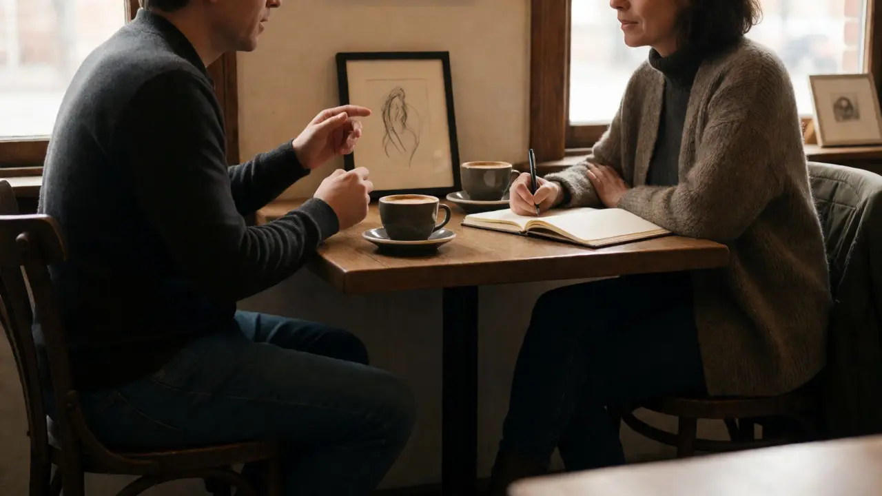 An artist and gallerist having a focused conversation over coffee, with a sketch on the table between them.