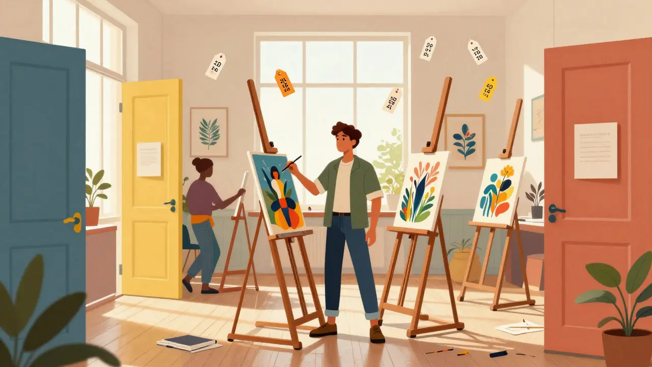An artist in a studio surrounded by multiple easels and open doors