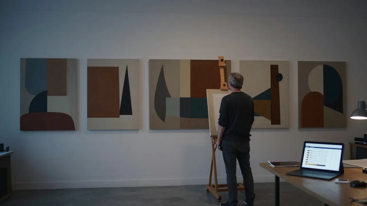 An artist reviewing a series of cohesive geometric paintings in a studio