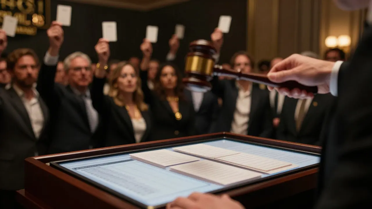 An auctioneer's gavel hovering over a crowded room of bidders raising paddles