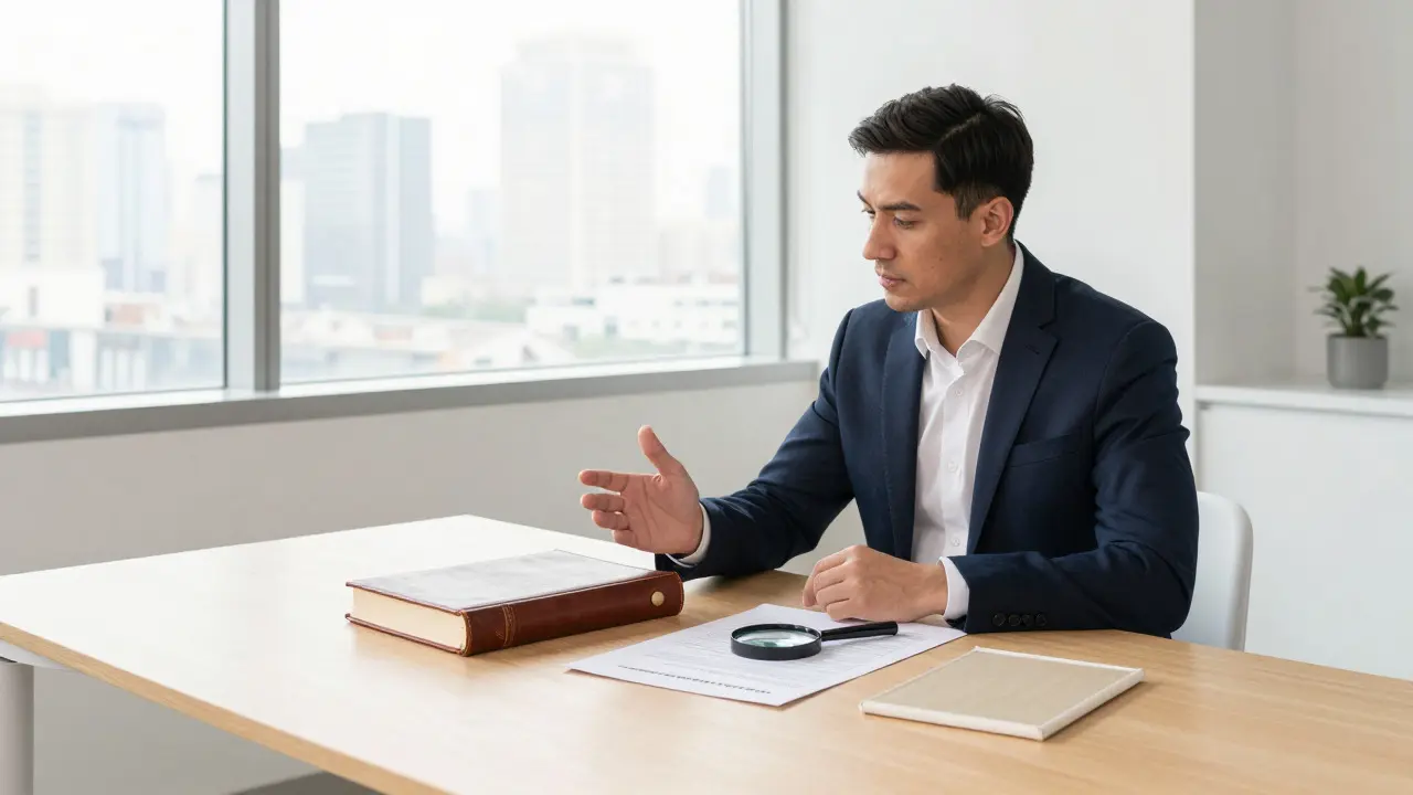 An insurance broker discussing appraisals and condition reports with a client in an office