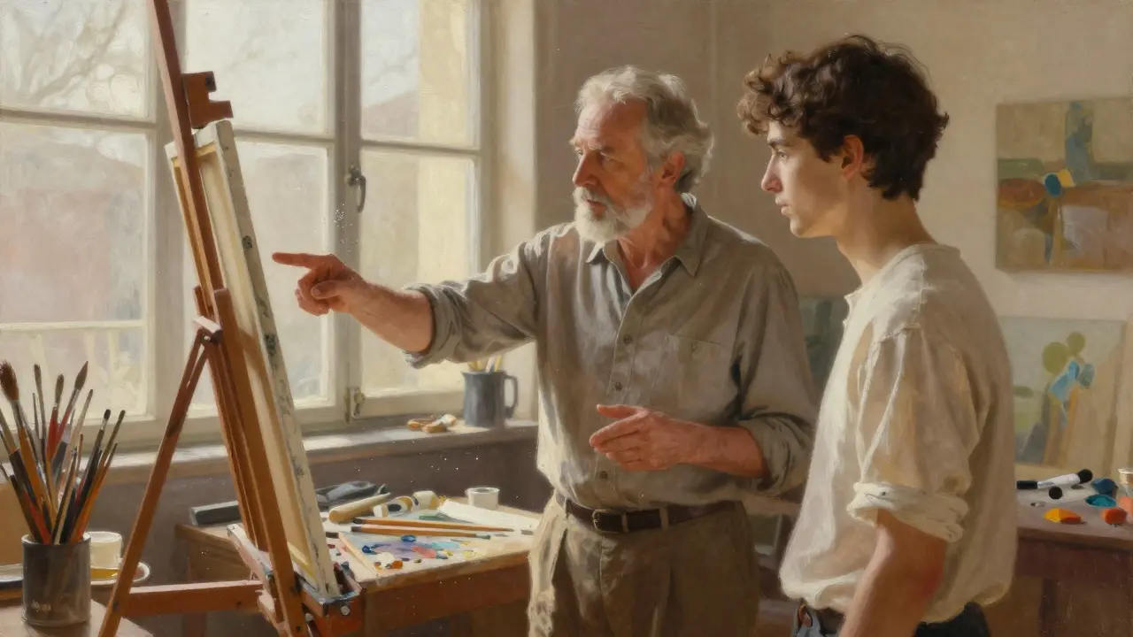 An oil painting of a mentor guiding a young artist in a sunlit studio