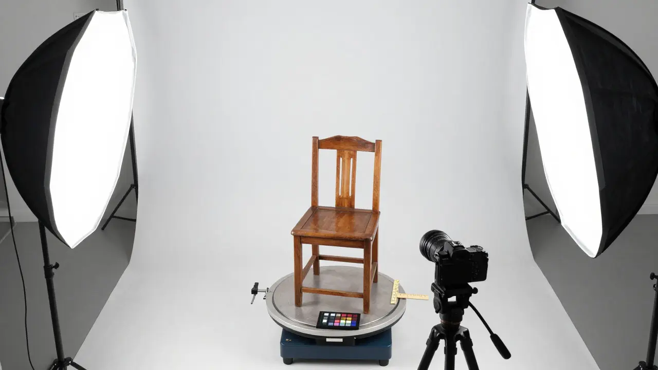 Antique wooden chair under studio lights with a camera and scale card for documentation
