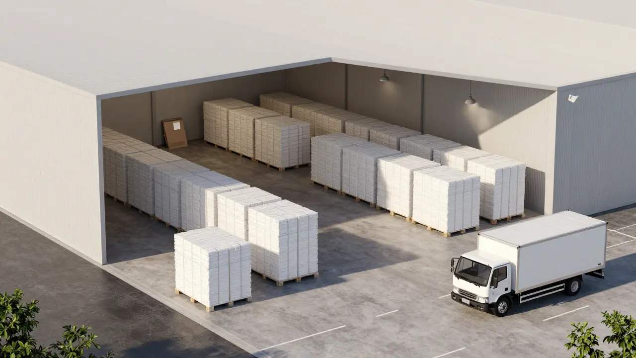 Architectural cross-section of a secure art warehouse next to an exhibition hall