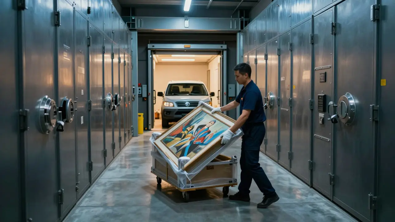Art handler moving a valuable painting into a secure vehicle inside a high-security storage facility.