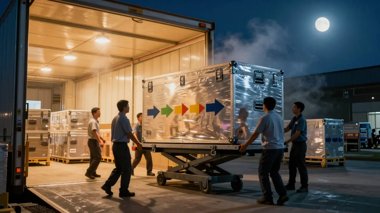 Art handlers loading a large aluminum case onto a climate-controlled truck in a warehouse