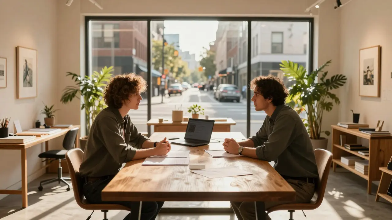 Artist and gallery representative negotiating across a table in a studio