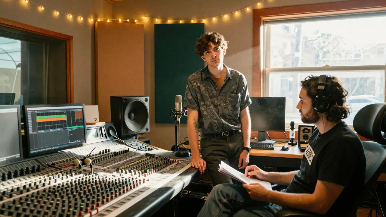 Artist and label representative negotiating in an indie studio