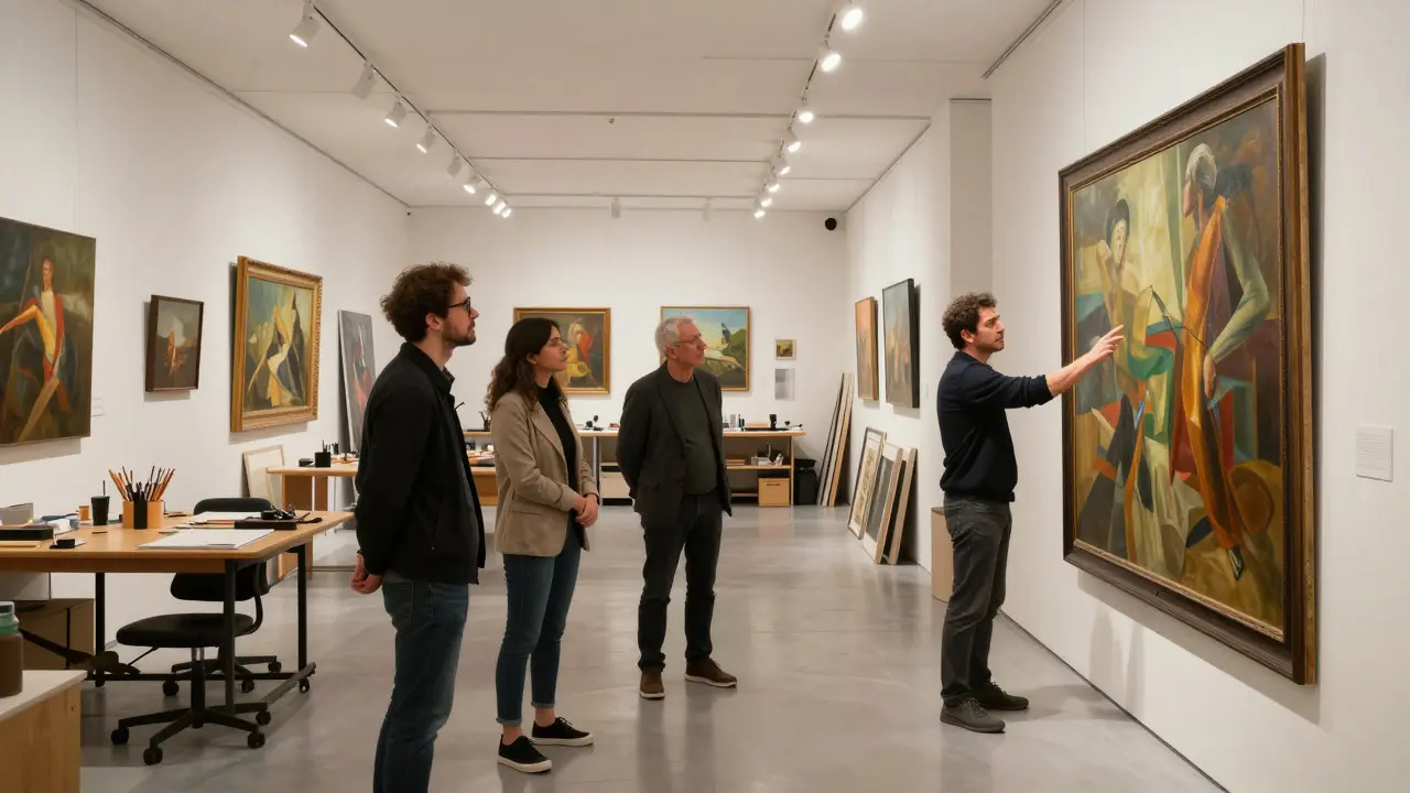 Artist guiding collectors through a well-lit, organized studio tour