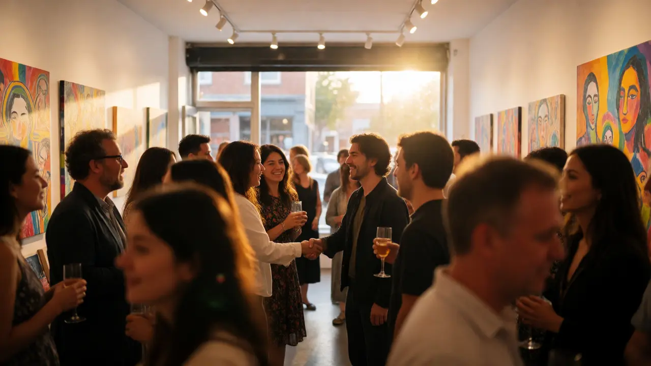 Artist networking and shaking hands with guests at a crowded gallery opening night event.