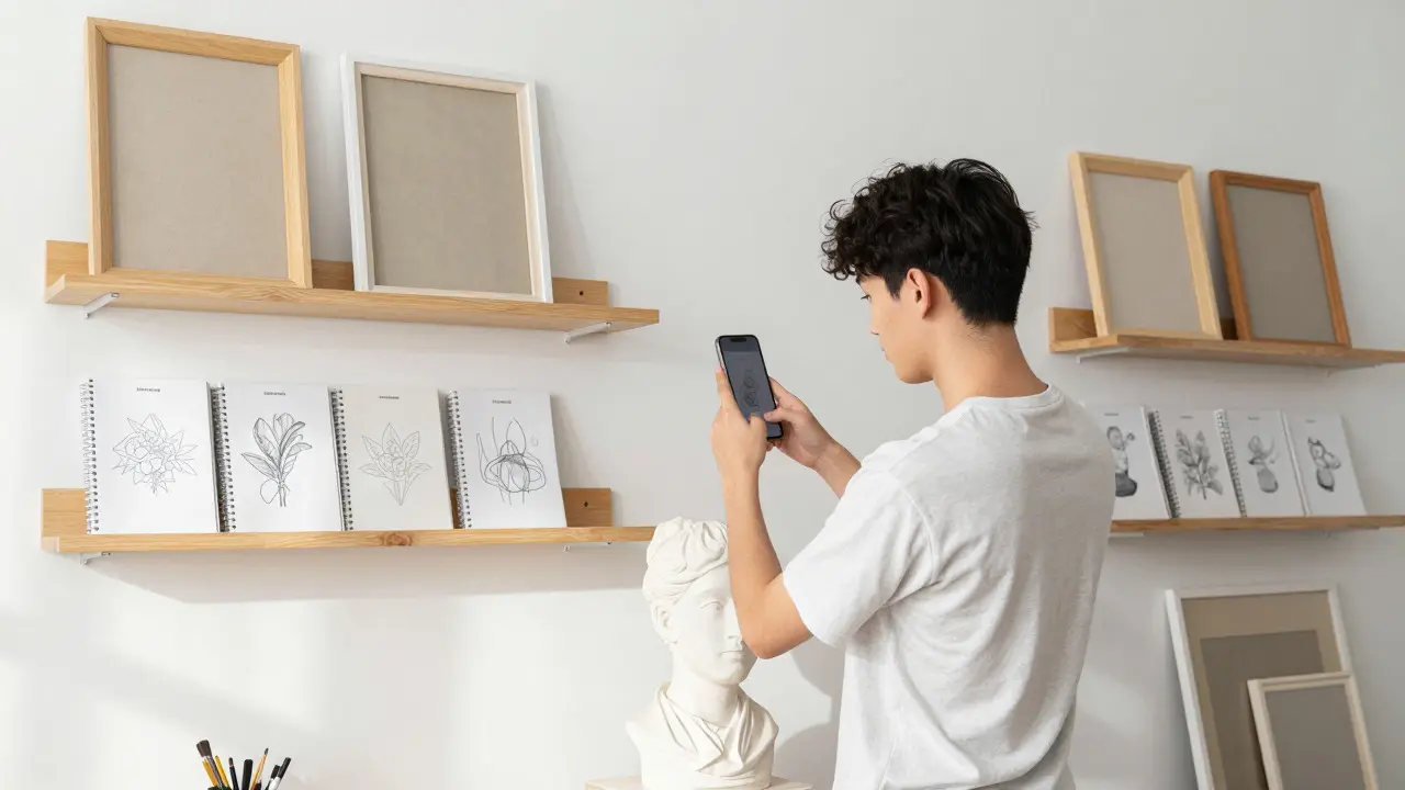 Artist photographing sculptures and paintings to create a digital inventory list
