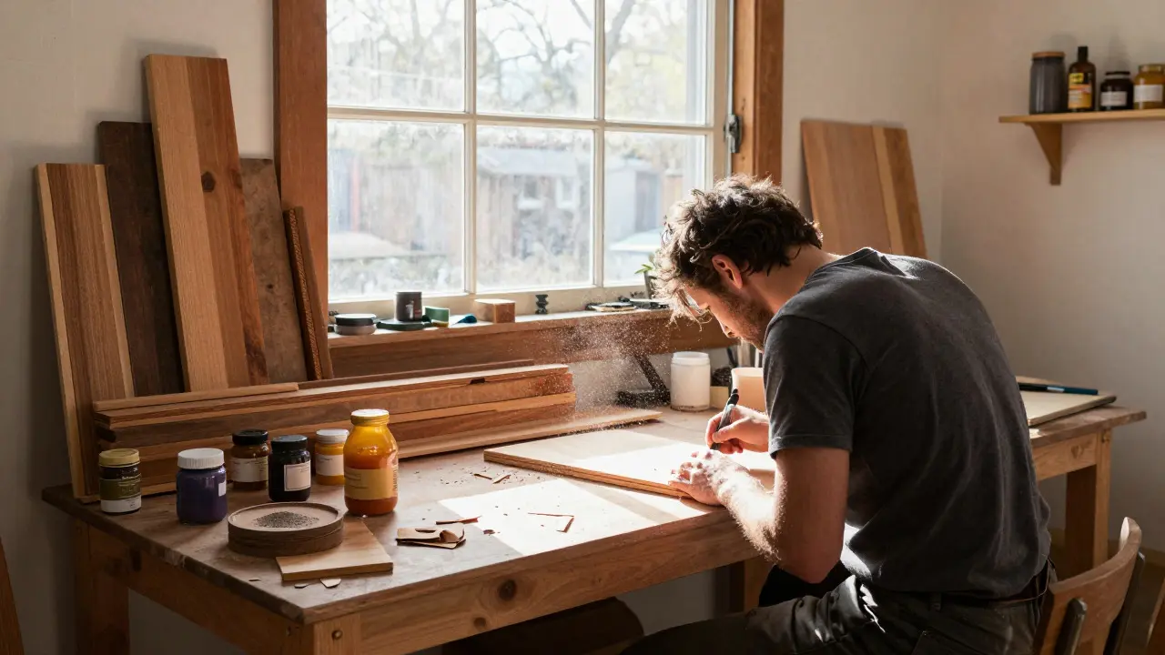 Artist sanding reclaimed wood in a sunlit garage studio filled with pigments