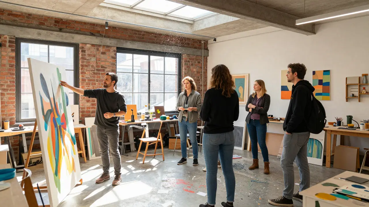 Artist showing work to visitors in a sunny open studio