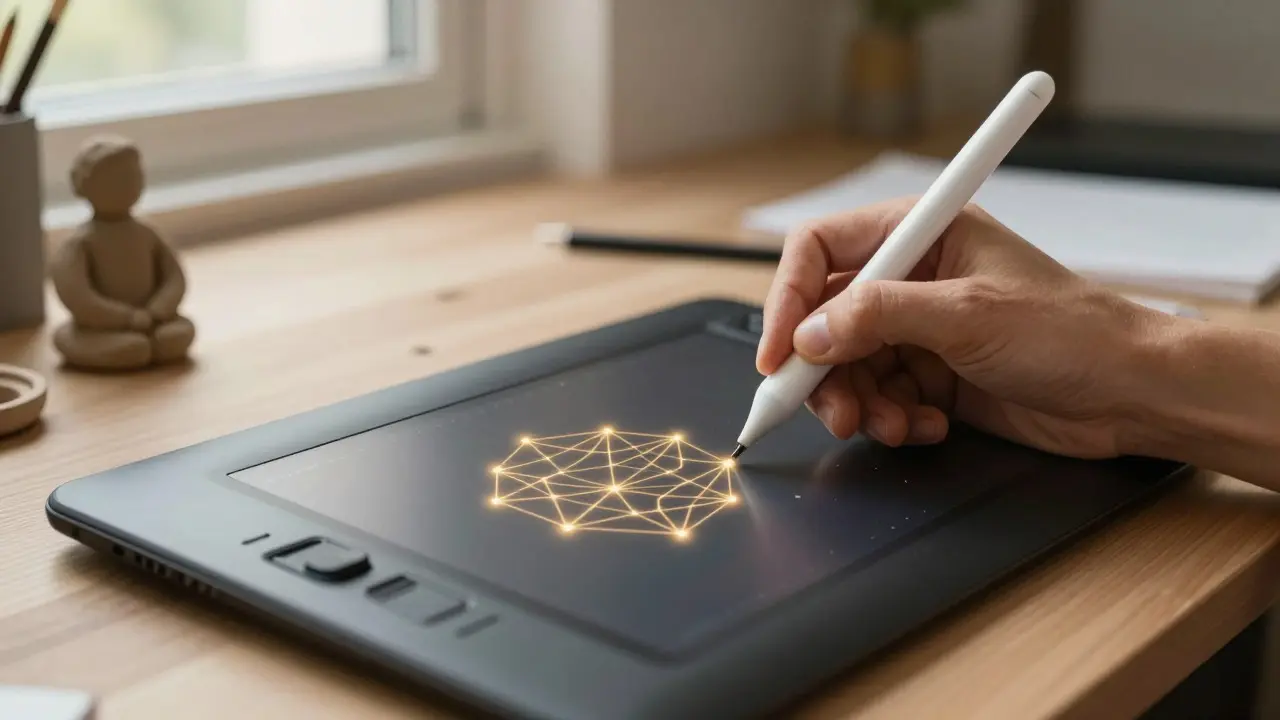 Artist using a stylus with a holographic projection of a smart contract above a tablet