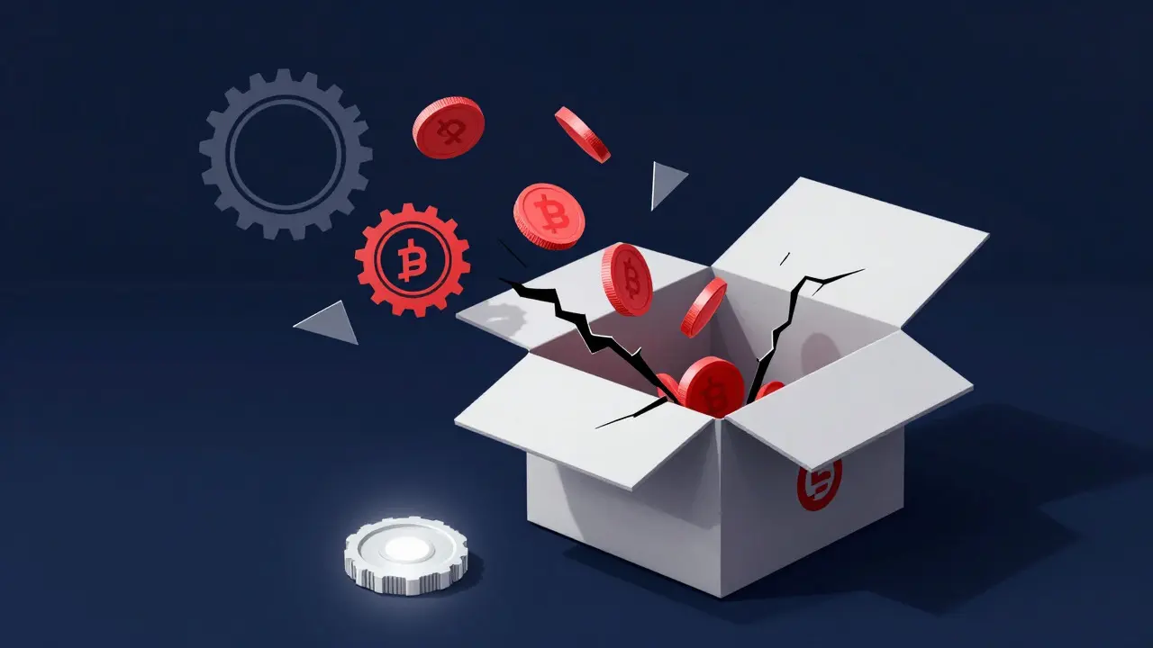 Artistic depiction of a cracked brand box releasing cost symbols and broken gears