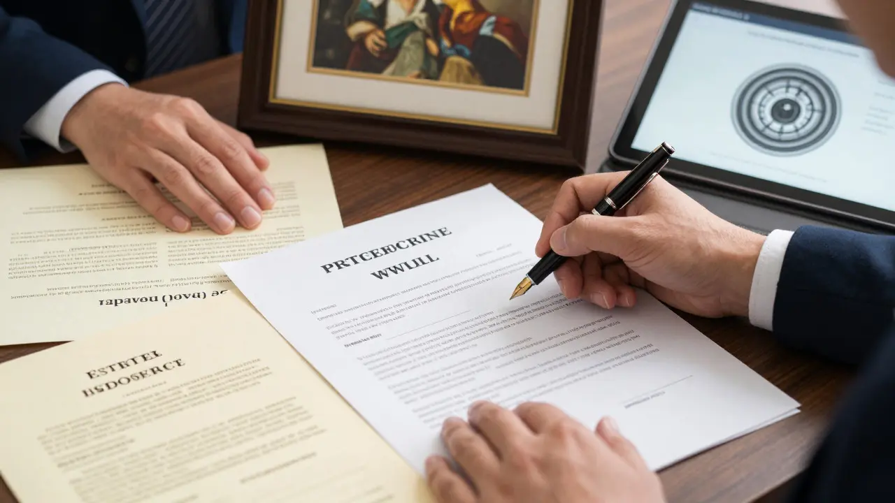 Attorney's hands reviewing legal documents and an art appraisal