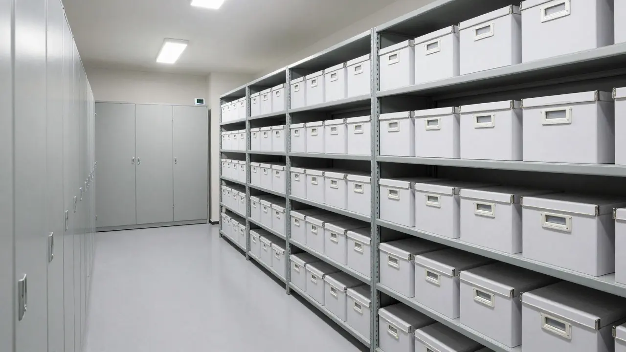 Clean art storage room with metal cabinets and digital hygrometers