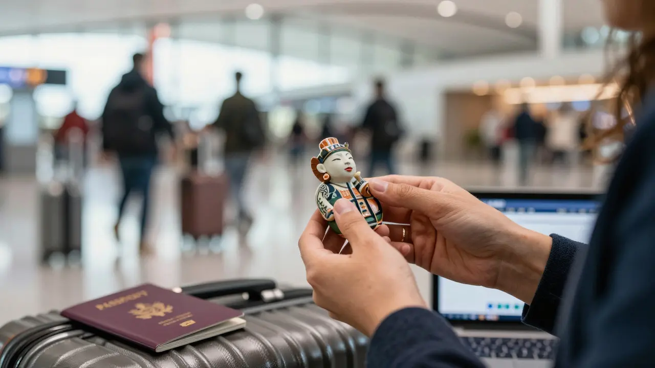 Close-up of a collector holding art at an international airport