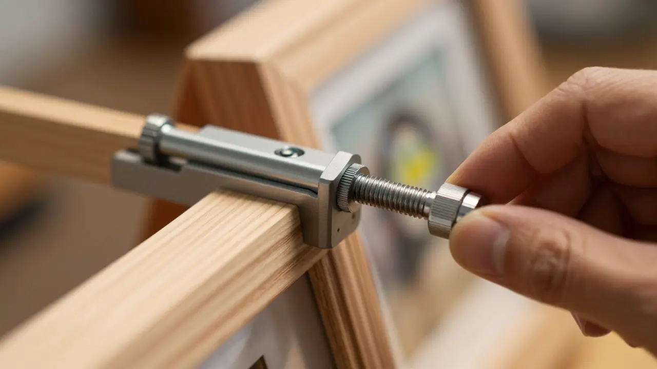 Close-up of a hand adjusting a precision bracket on a picture frame