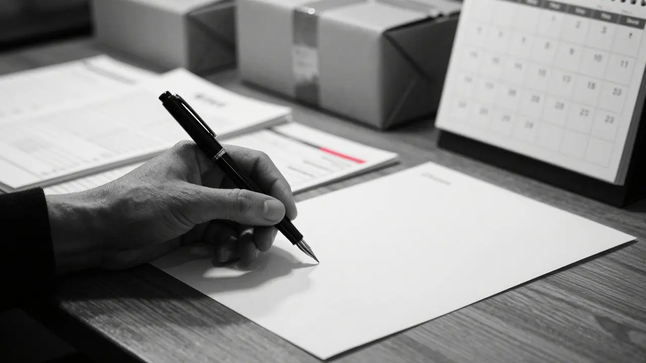 Close-up of a hand writing a strategic report with financial documents in the background