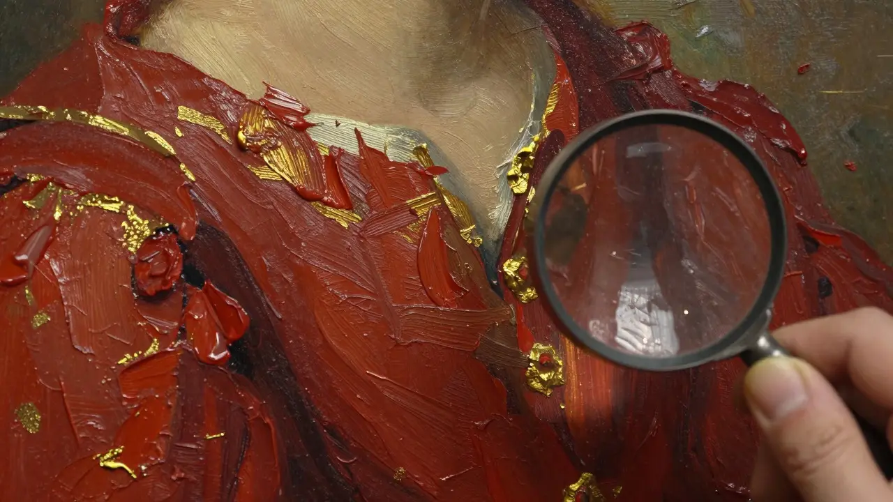 Close-up of textured impasto brushstrokes on a classical oil painting