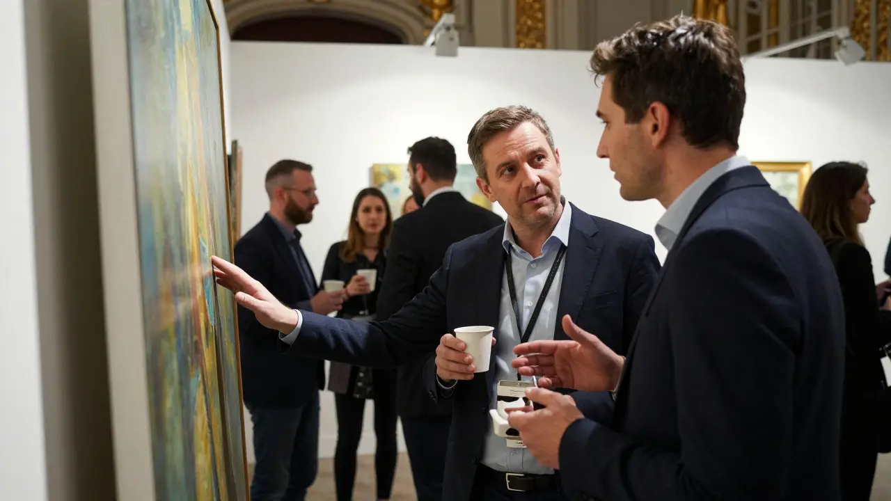 Collector and gallery representative discussing a painting at an art fair booth