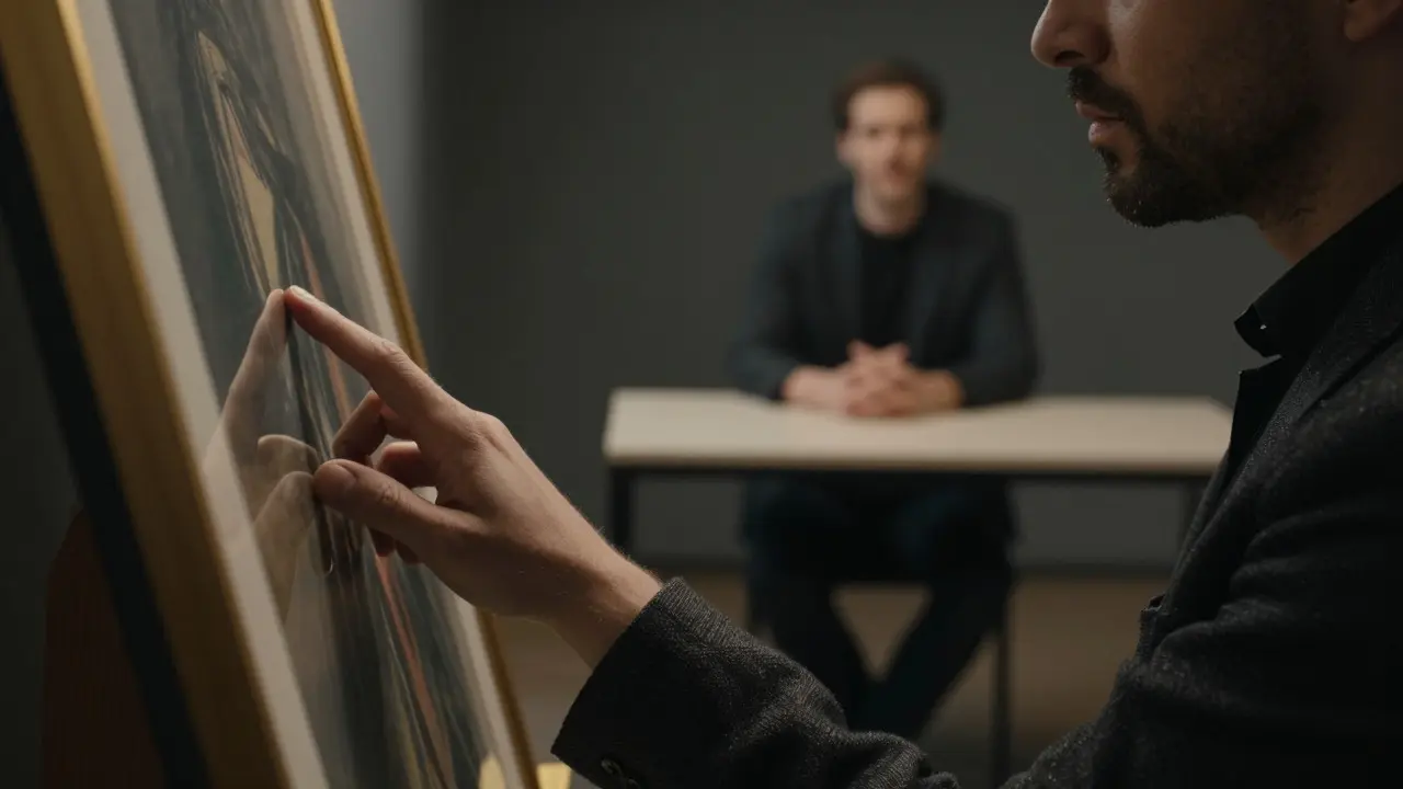 Collector considering an artwork while the artist listens attentively