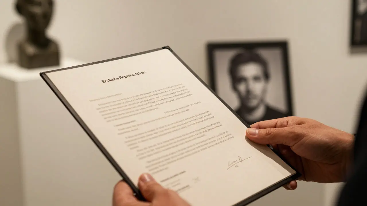 Collector holding a representation contract near an artist's portrait