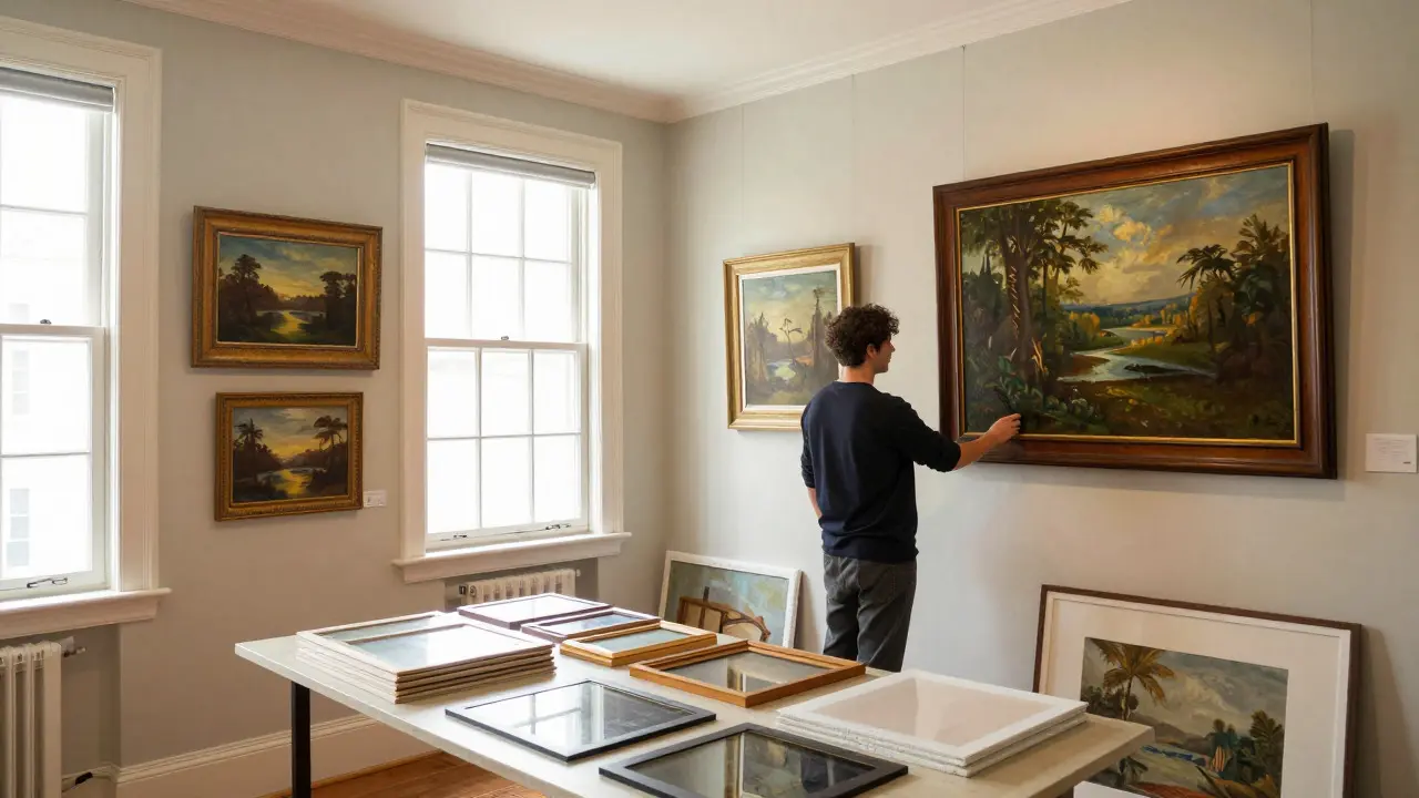 Collector inspecting artwork in a well-maintained home gallery