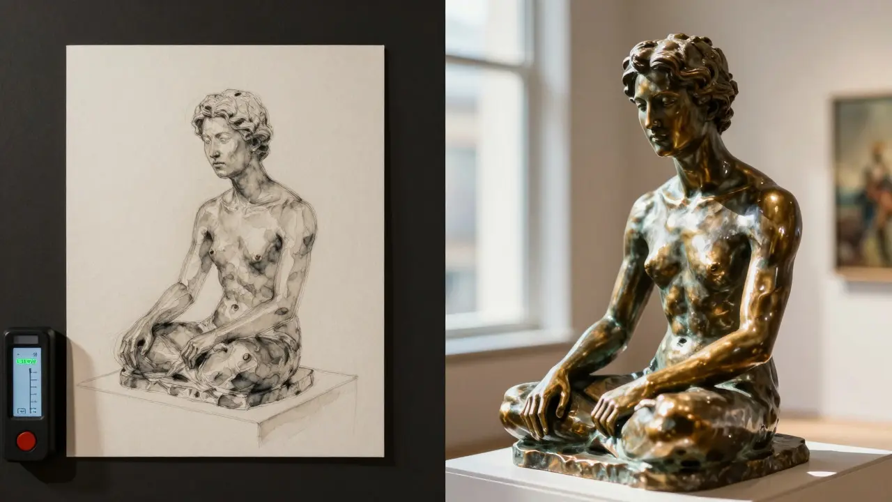 Comparison of light exposure on a protected watercolor and a bronze sculpture