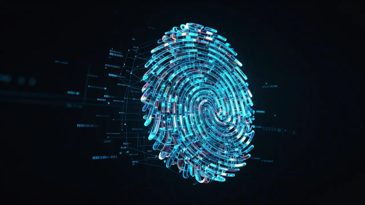 Conceptual 3D art of a sculpture wrapped in glowing blue digital tracking lines