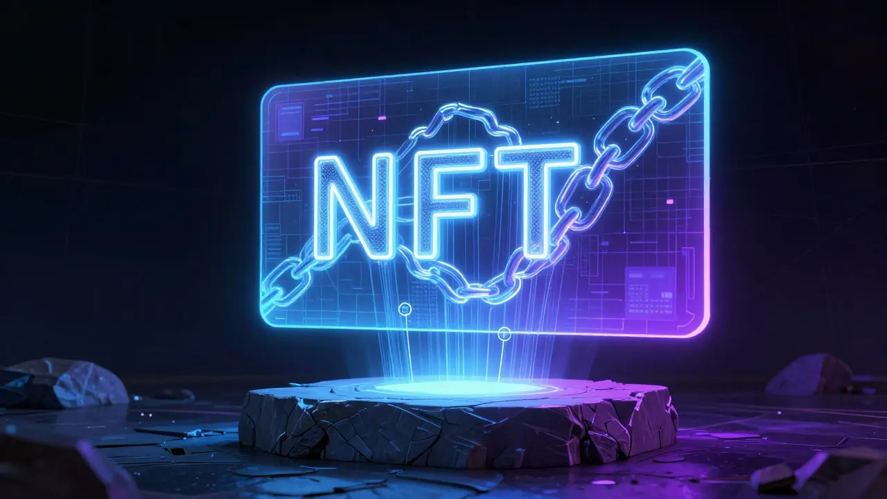 Conceptual art showing a glowing digital canvas connected to a stone pedestal by light chains