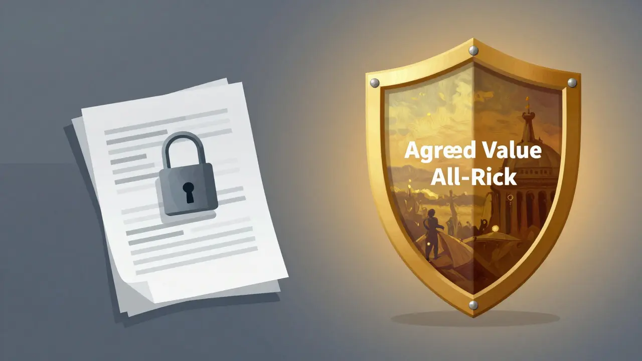 Conceptual art showing a weak lock versus a strong golden shield protecting a painting