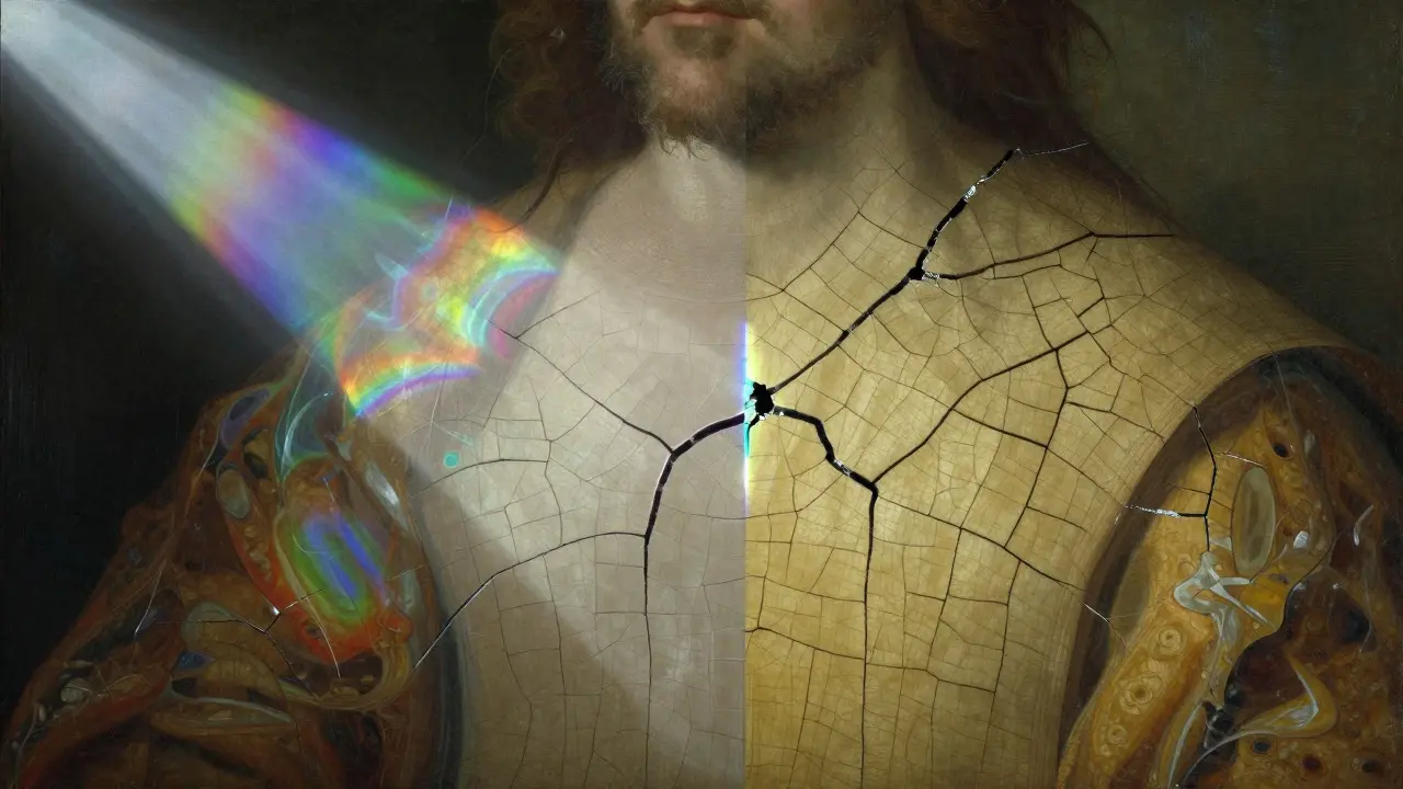 Conceptual art showing cracked varnish and light refraction on an old painting