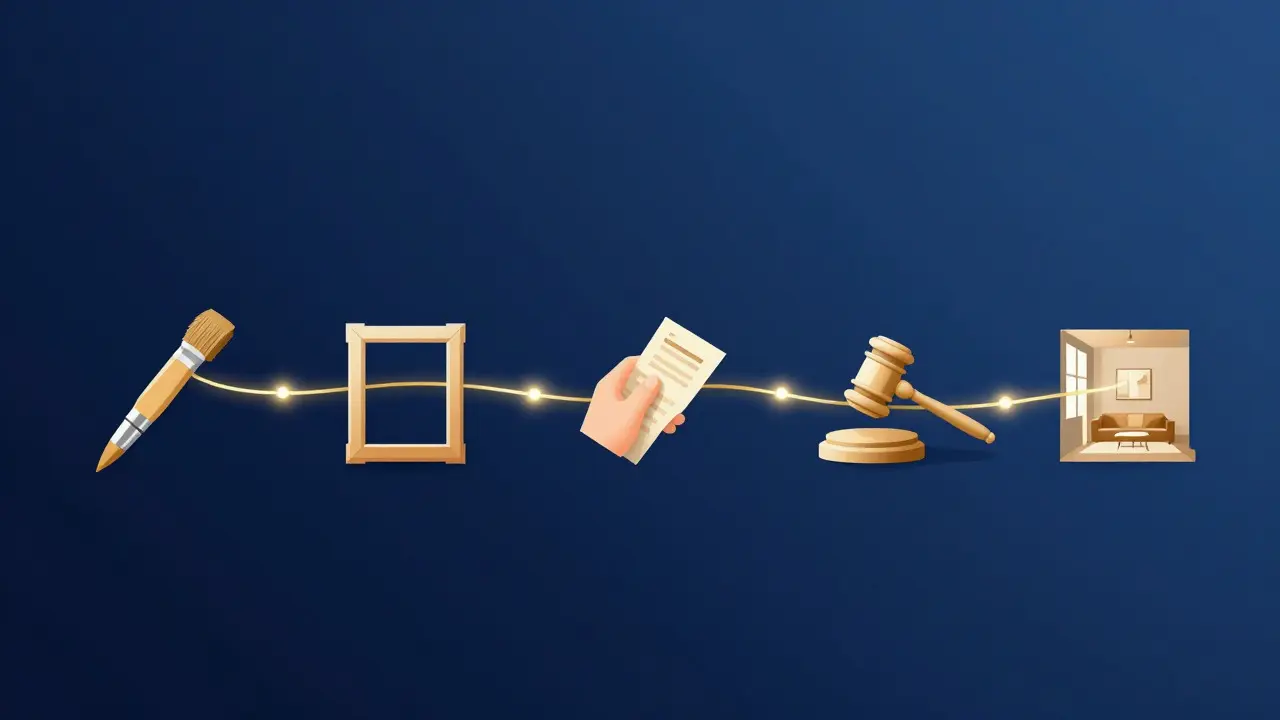 Conceptual illustration of a golden chain connecting stages of art ownership