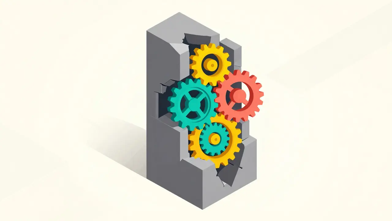 Conceptual illustration of a structure breaking into colorful interlocking gears representing specialization