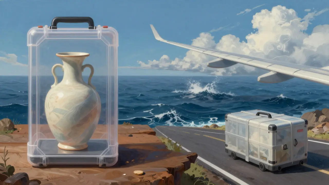 Conceptual illustration of an artifact traveling by sea, air, and land in protective packaging