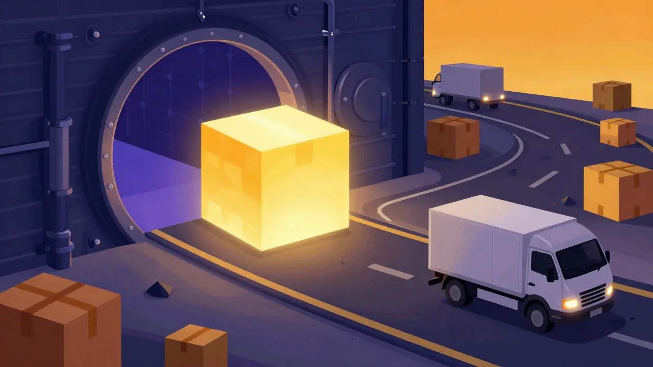 Conceptual illustration of an artwork traveling from a secure vault to a dangerous road