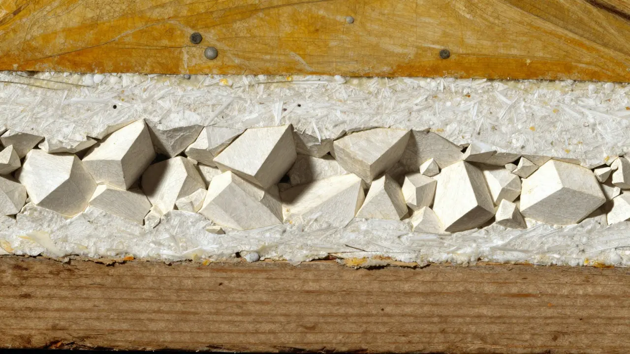 Cross-section of a painting showing angular gypsum crystals in the ground layer