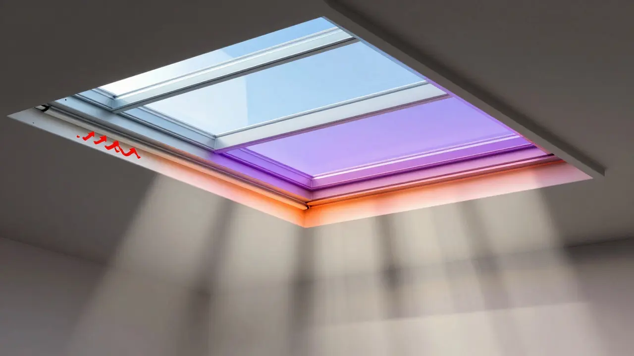 Cross-section of a skylight showing UV filtering and heat reflection layers