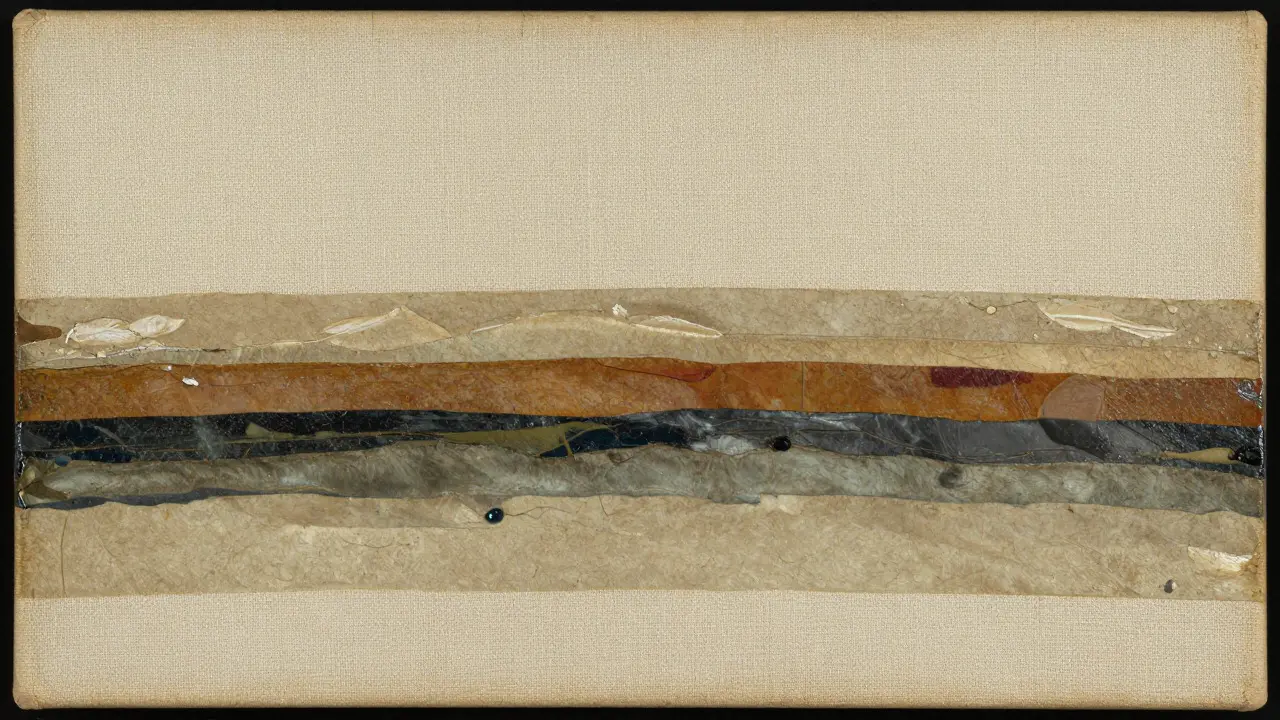 Cross-section view of layered paint and canvas in an old artwork