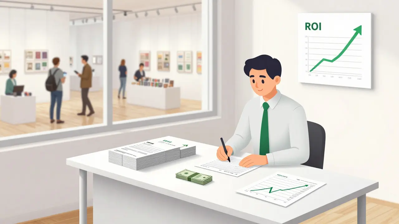 Curator reviewing membership cards and reports near a gallery window