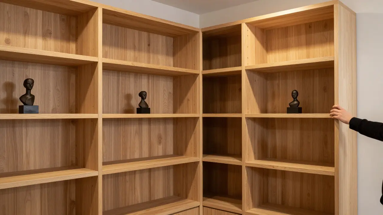 Custom wooden built-in shelving unit with recessed display niches