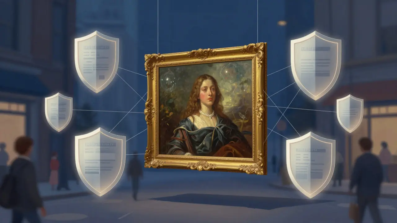 Digital art of a painting held by glowing threads representing insurance policies